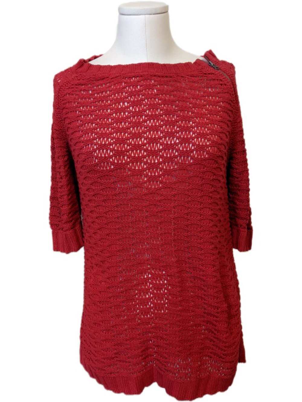 Bright Red Loose Open Knit Sweater Boatneck Zipper Detail Casual Fall Preppy L